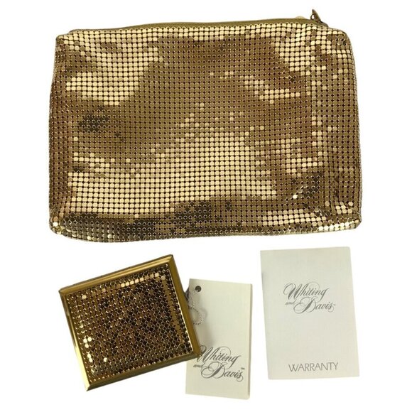 Whiting & Davis Gold Mesh Clutch Bag and Mirror Set Evening Formal Glam - Picture 1 of 8